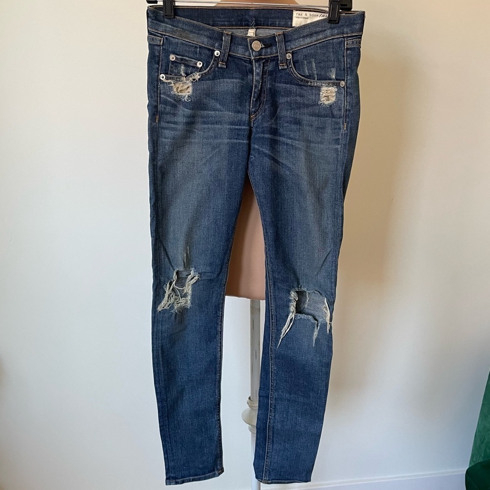 Rag & Bone Intermix Skinny Distressed Destroyed Low Rise Dark Wash Blue Jeans 25